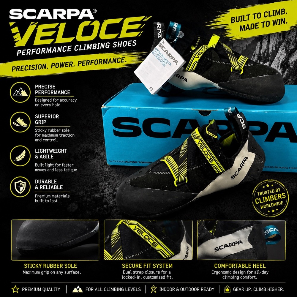 Scarpa Veloce Climbing Shoes Black Yellow Bouldering‎ Gym Shoes Mens 11 NWT